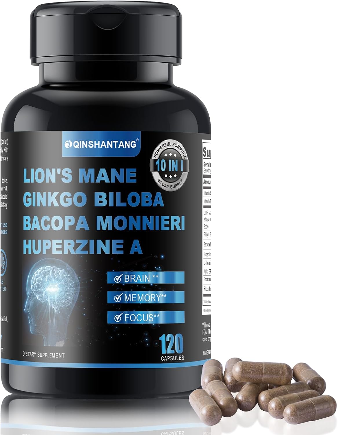 120 Capsules Lion's Mane Mushroom Blend with Bacopa Monnieri for Memory, Focus, Brain Support - 10 in 1 Supplement