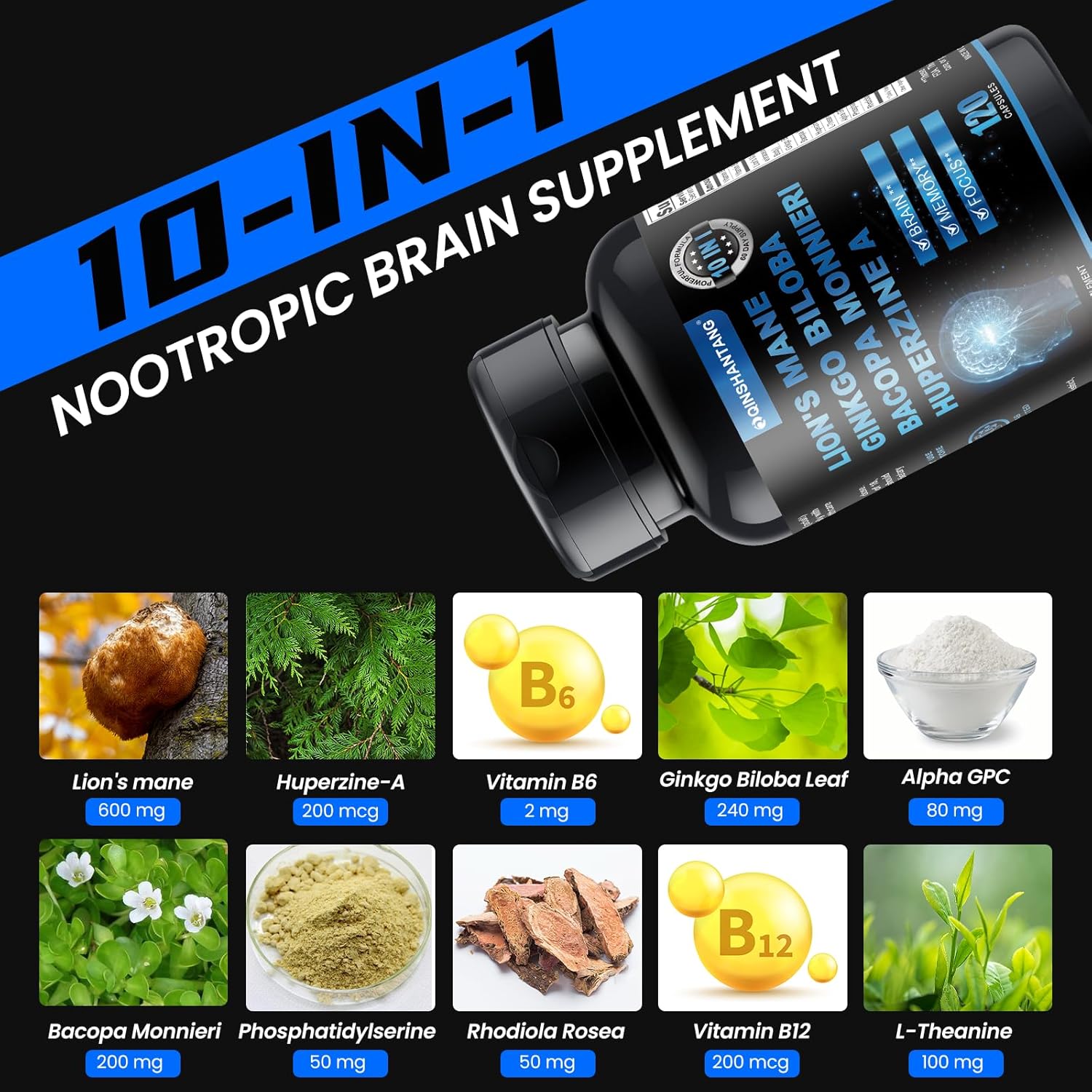 120 Capsules Lion's Mane Mushroom Blend with Bacopa Monnieri for Memory, Focus, Brain Support - 10 in 1 Supplement