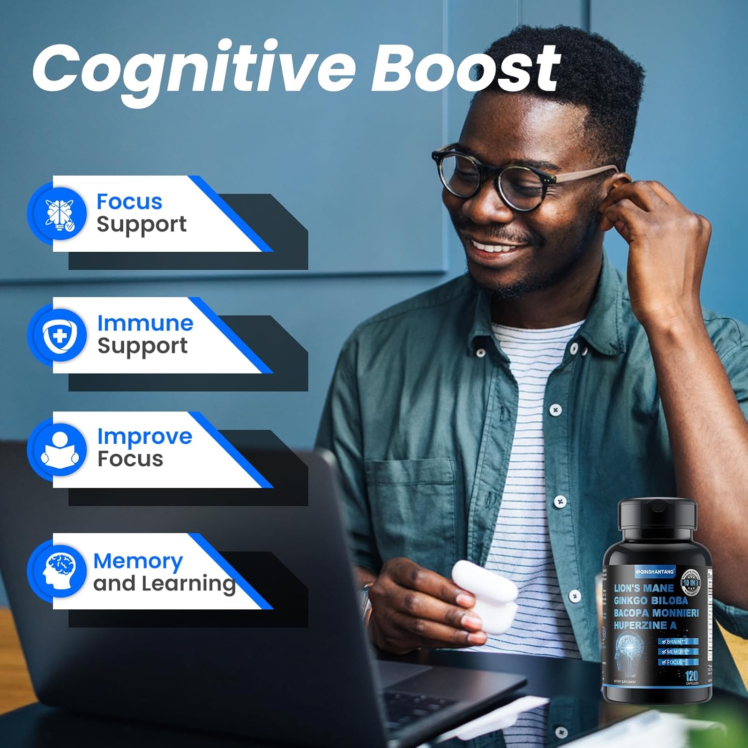 120 Capsules Lion's Mane Mushroom Blend with Bacopa Monnieri for Memory, Focus, Brain Support - 10 in 1 Supplement