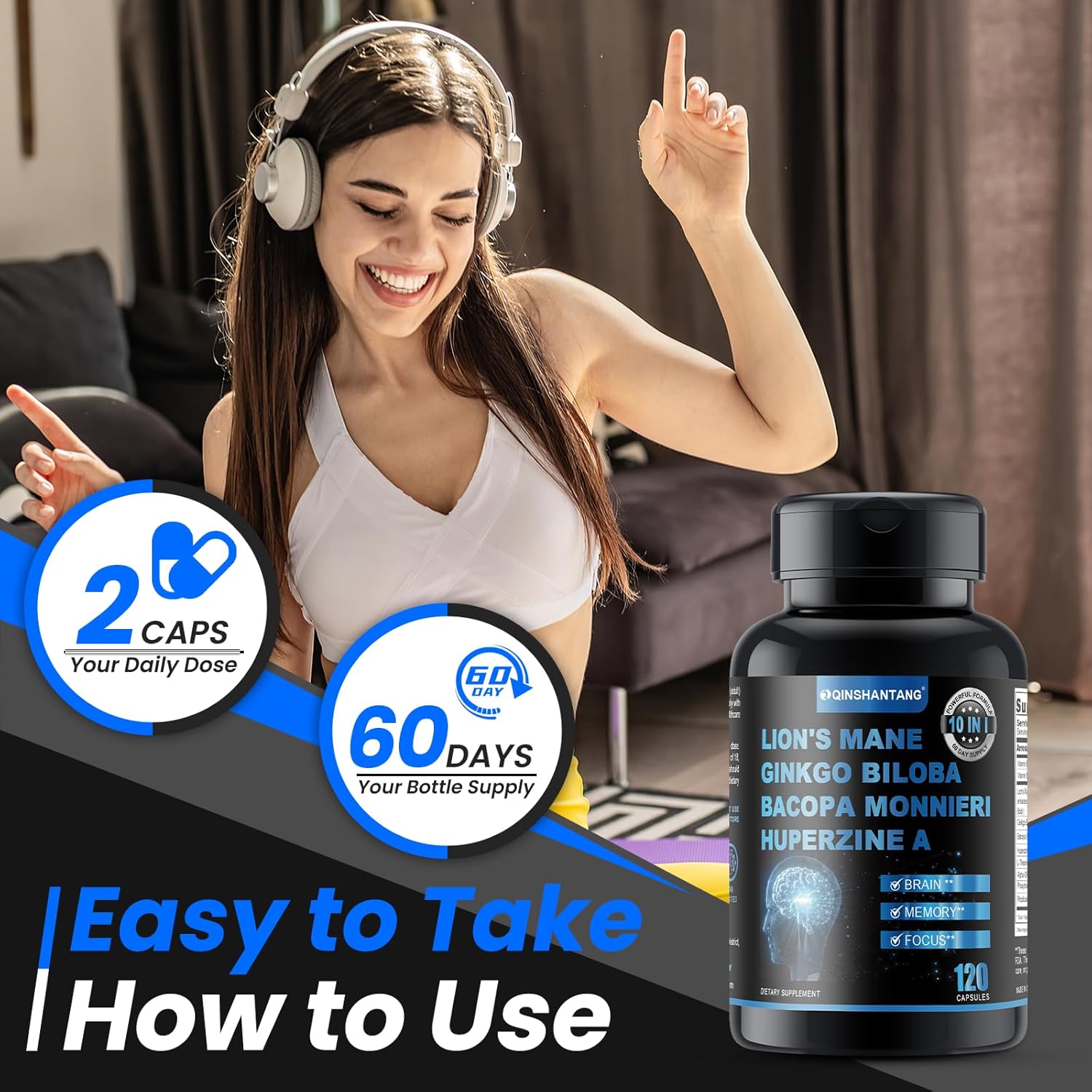 120 Capsules Lion's Mane Mushroom Blend with Bacopa Monnieri for Memory, Focus, Brain Support - 10 in 1 Supplement