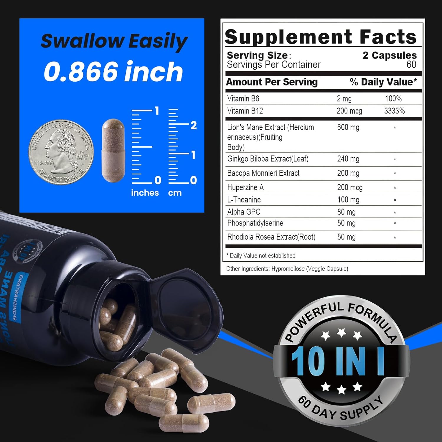 120 Capsules Lion's Mane Mushroom Blend with Bacopa Monnieri for Memory, Focus, Brain Support - 10 in 1 Supplement