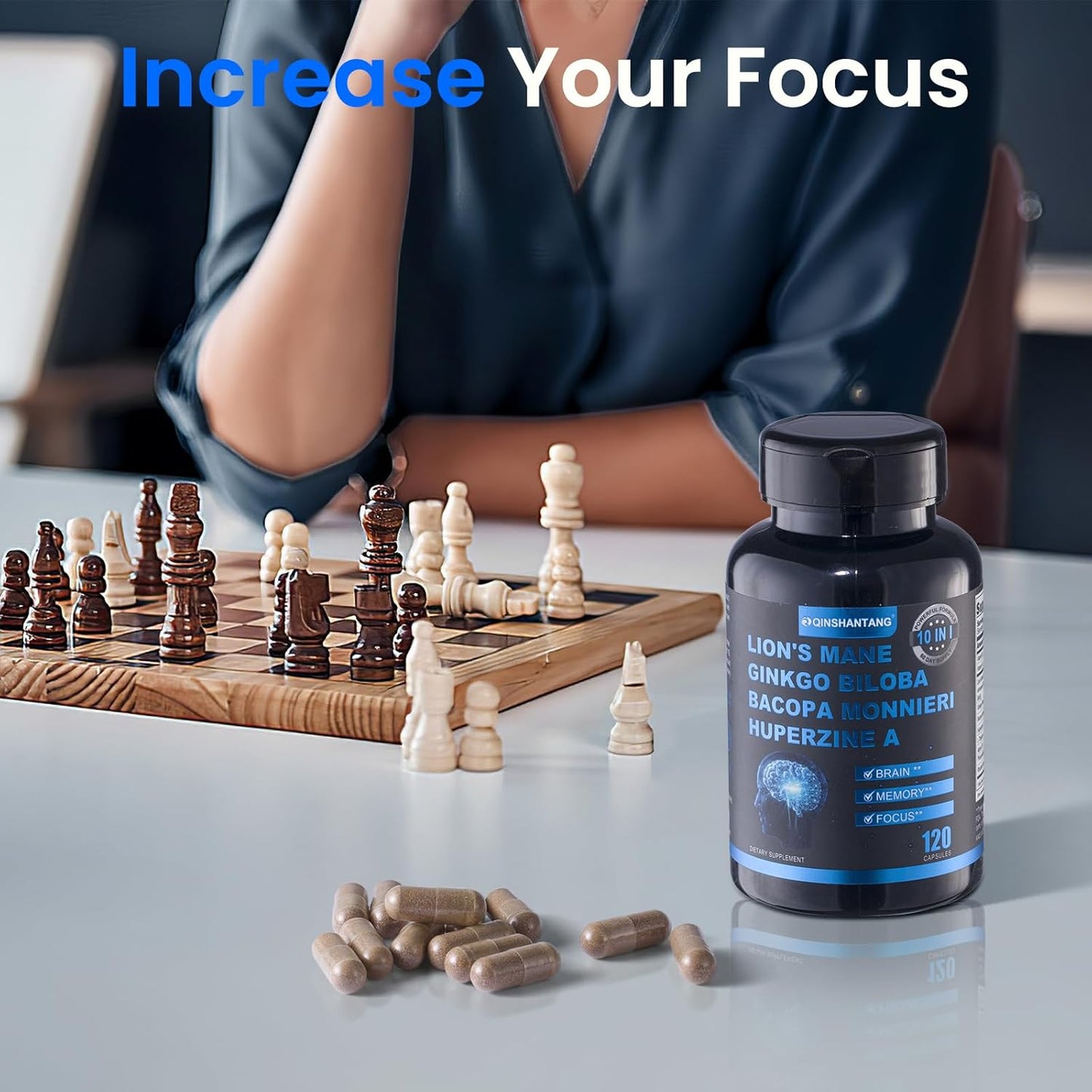 120 Capsules Lion's Mane Mushroom Blend with Bacopa Monnieri for Memory, Focus, Brain Support - 10 in 1 Supplement