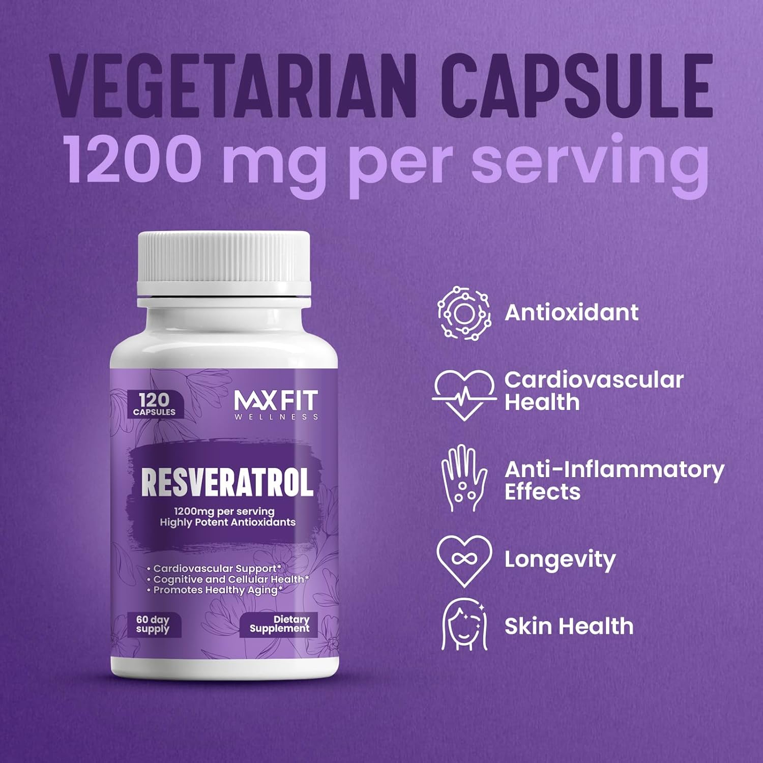 120 Capsules MAX FIT Resveratrol Supplement with High Bioavailability - Immune Support, Cardio Health, Anti-Aging Antioxidant Formula for Overall Wellness