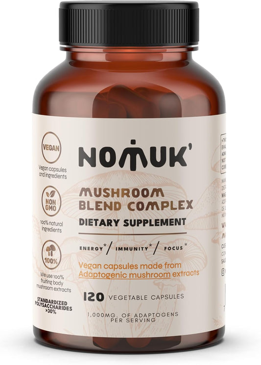 120 Capsules Nomuk Adaptogenic Mushroom Extract Blend with Lions Mane, Reishi, Cordyceps, and Chaga Supplement