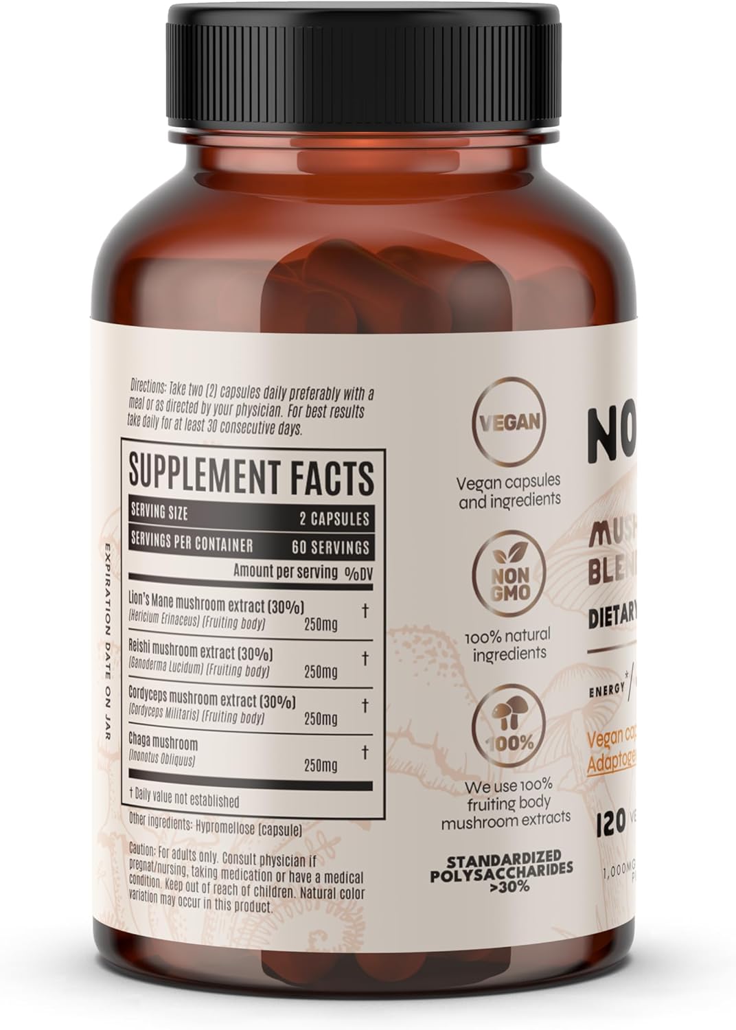 120 Capsules Nomuk Adaptogenic Mushroom Extract Blend with Lions Mane, Reishi, Cordyceps, and Chaga Supplement