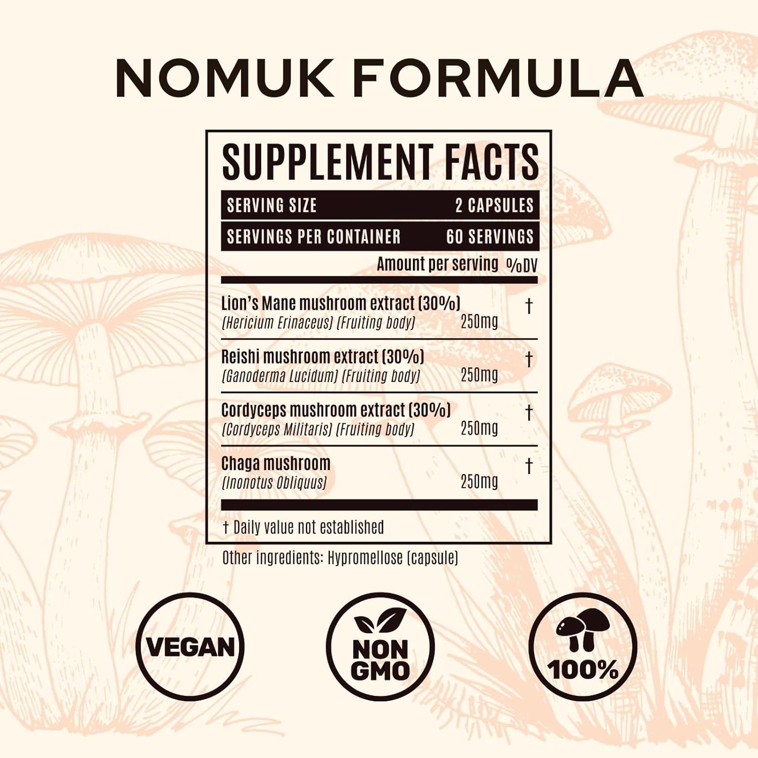 120 Capsules Nomuk Adaptogenic Mushroom Extract Blend with Lions Mane, Reishi, Cordyceps, and Chaga Supplement