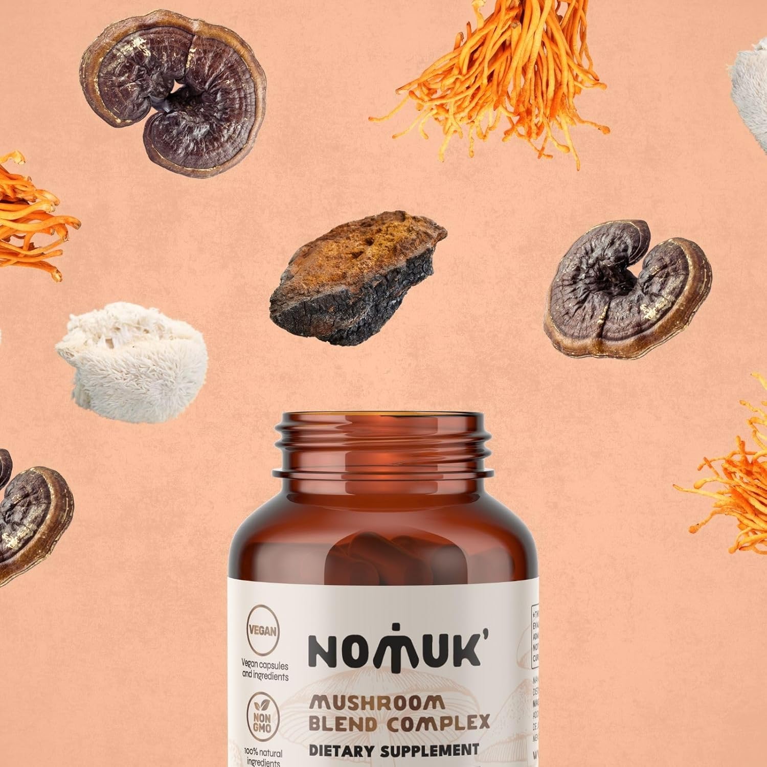 120 Capsules Nomuk Adaptogenic Mushroom Extract Blend with Lions Mane, Reishi, Cordyceps, and Chaga Supplement