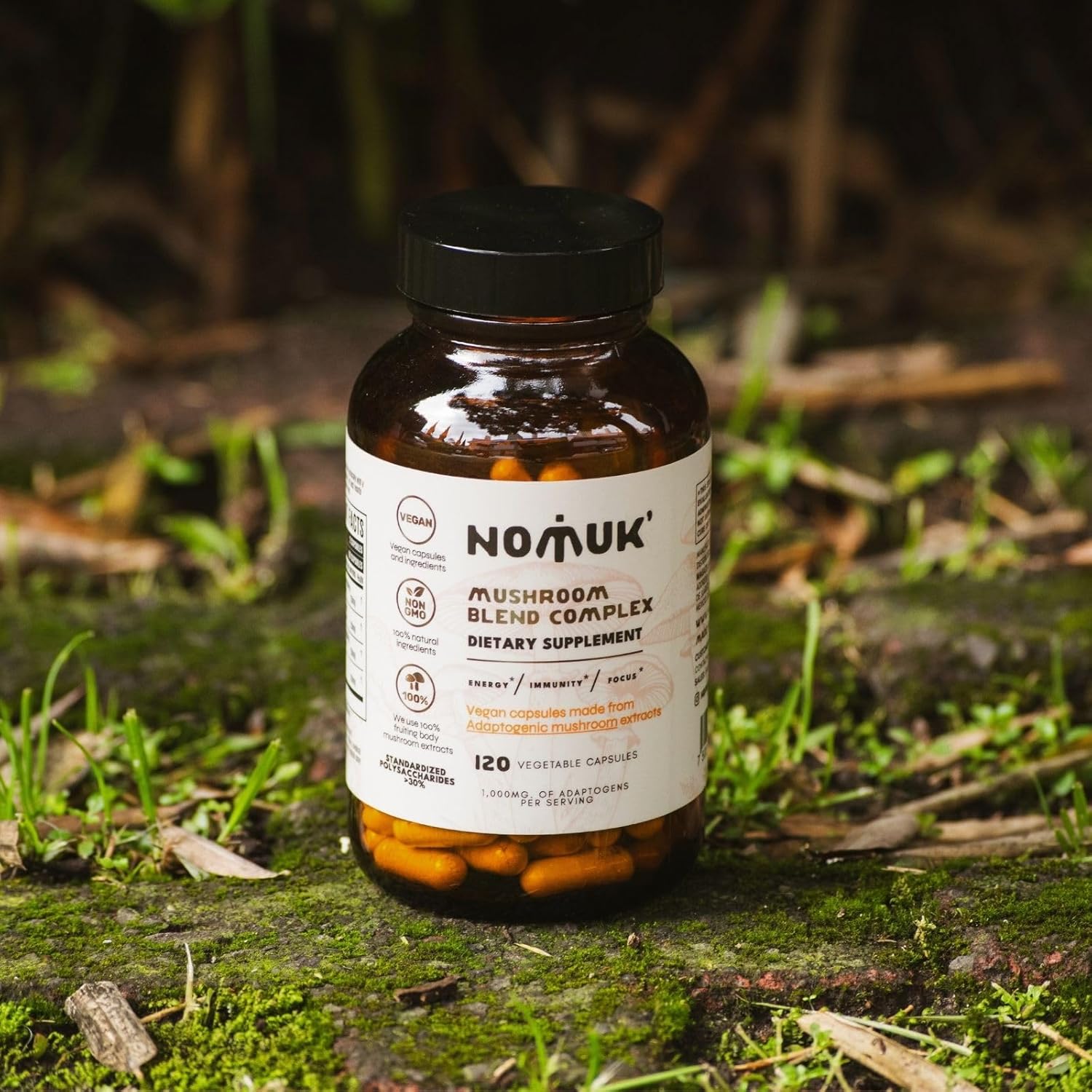 120 Capsules Nomuk Adaptogenic Mushroom Extract Blend with Lions Mane, Reishi, Cordyceps, and Chaga Supplement