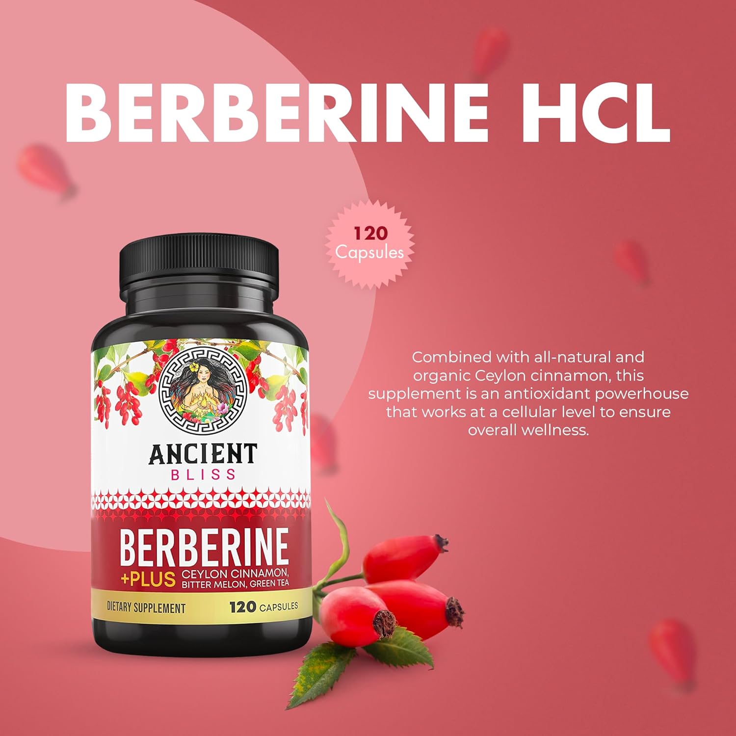 120 Capsules of Ancient Bliss Berberine HCL with Ceylon Cinnamon, Bitter Melon, and Green Tea Extract