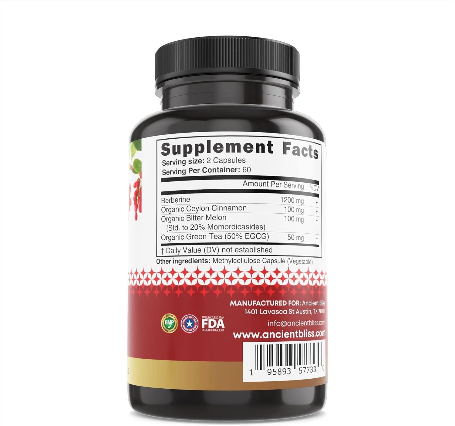 120 Capsules of Ancient Bliss Berberine HCL with Ceylon Cinnamon, Bitter Melon, and Green Tea Extract