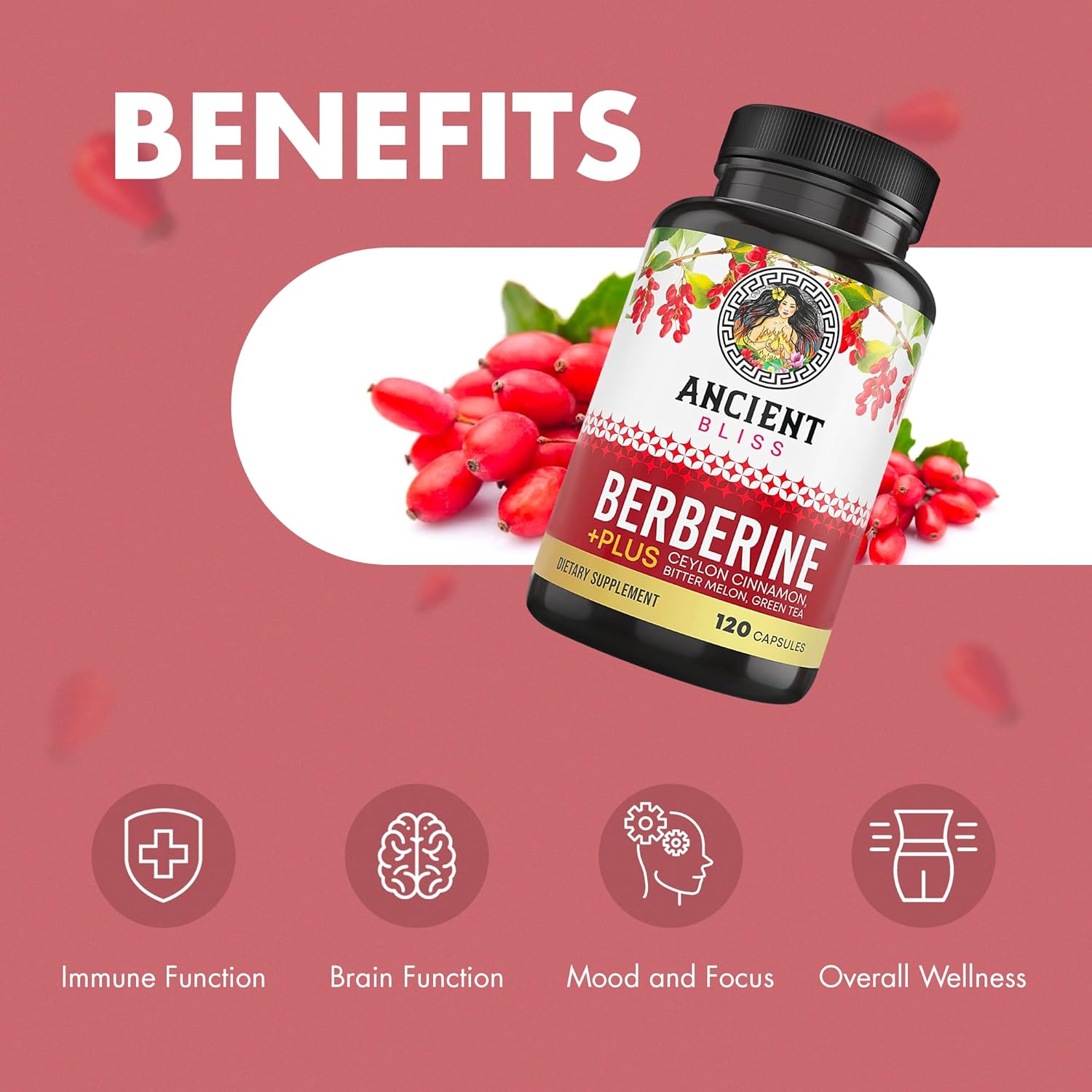 120 Capsules of Ancient Bliss Berberine HCL with Ceylon Cinnamon, Bitter Melon, and Green Tea Extract