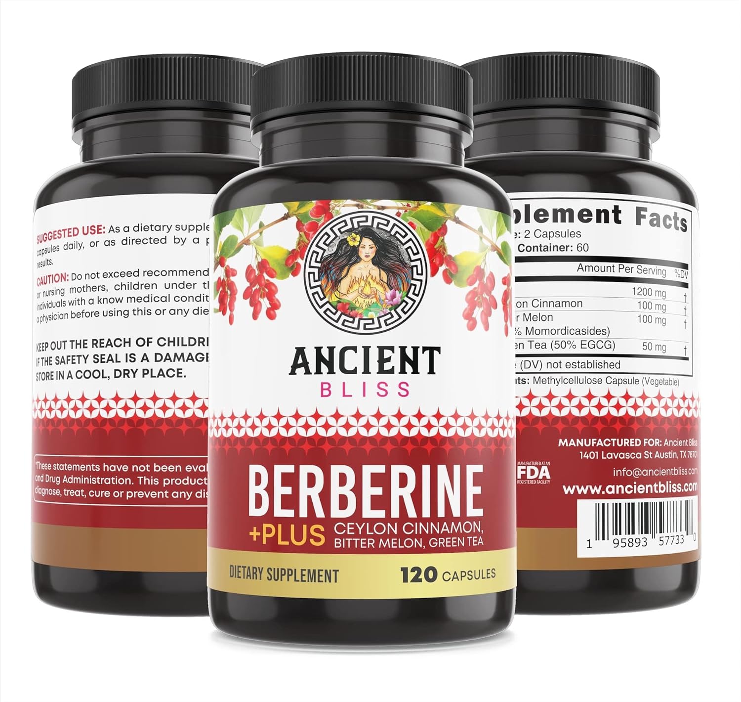 120 Capsules of Ancient Bliss Berberine HCL with Ceylon Cinnamon, Bitter Melon, and Green Tea Extract