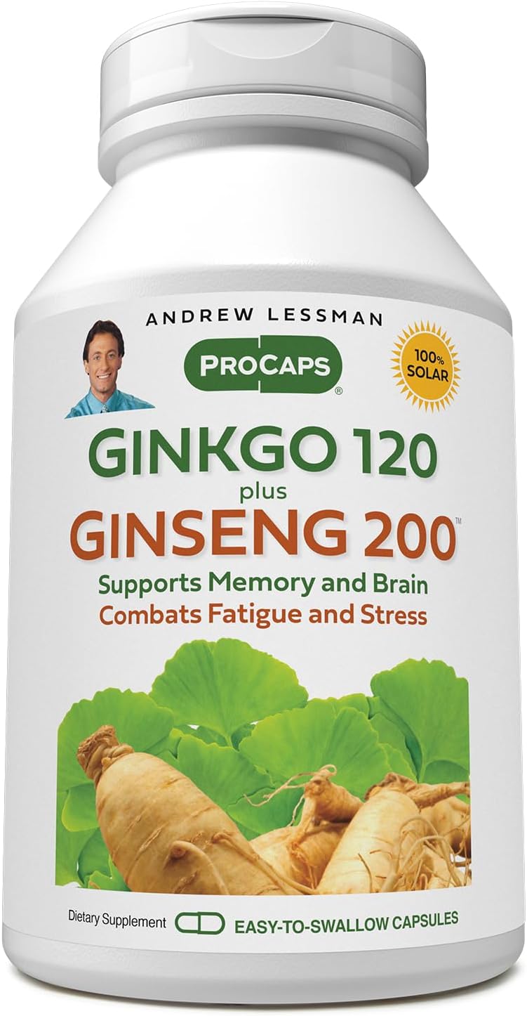 120 Capsules of Andrew Lessman Ginkgo and Ginseng Blend for Brain and Memory Support - Standardized Extracts, Adaptogen for Stress Relief - No Additives