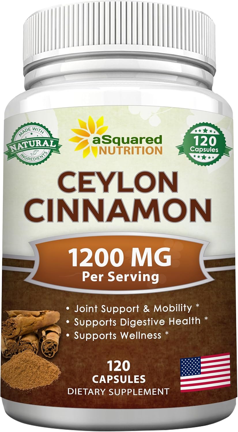 120 Capsules of aSquared Nutrition Natural Ceylon Cinnamon 1200mg Extract Pills for Heart Health, True Cinnamon from Sri Lanka