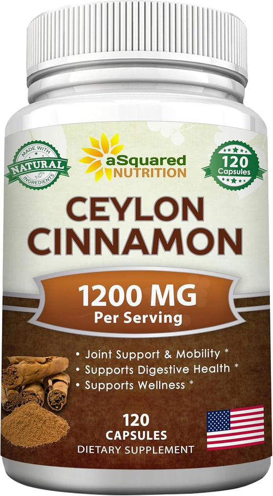 120 Capsules of aSquared Nutrition Natural Ceylon Cinnamon 1200mg Extract Pills for Heart Health, True Cinnamon from Sri Lanka