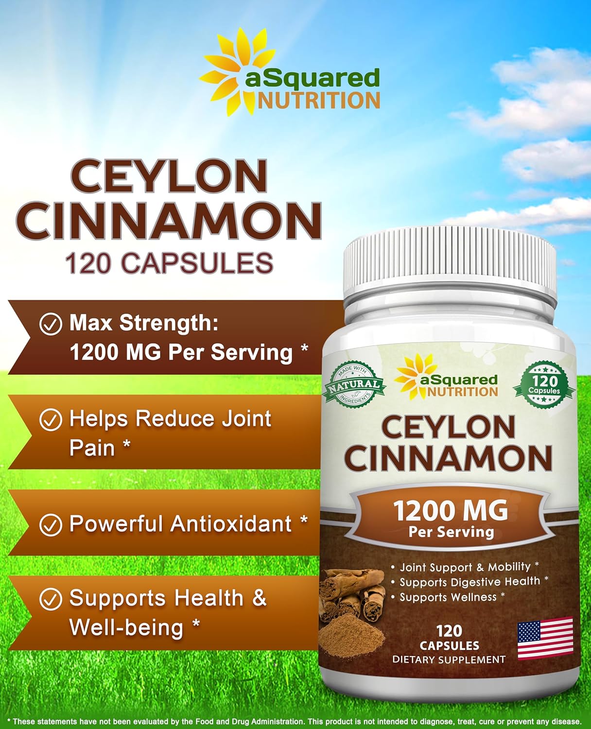 120 Capsules of aSquared Nutrition Natural Ceylon Cinnamon 1200mg Extract Pills for Heart Health, True Cinnamon from Sri Lanka