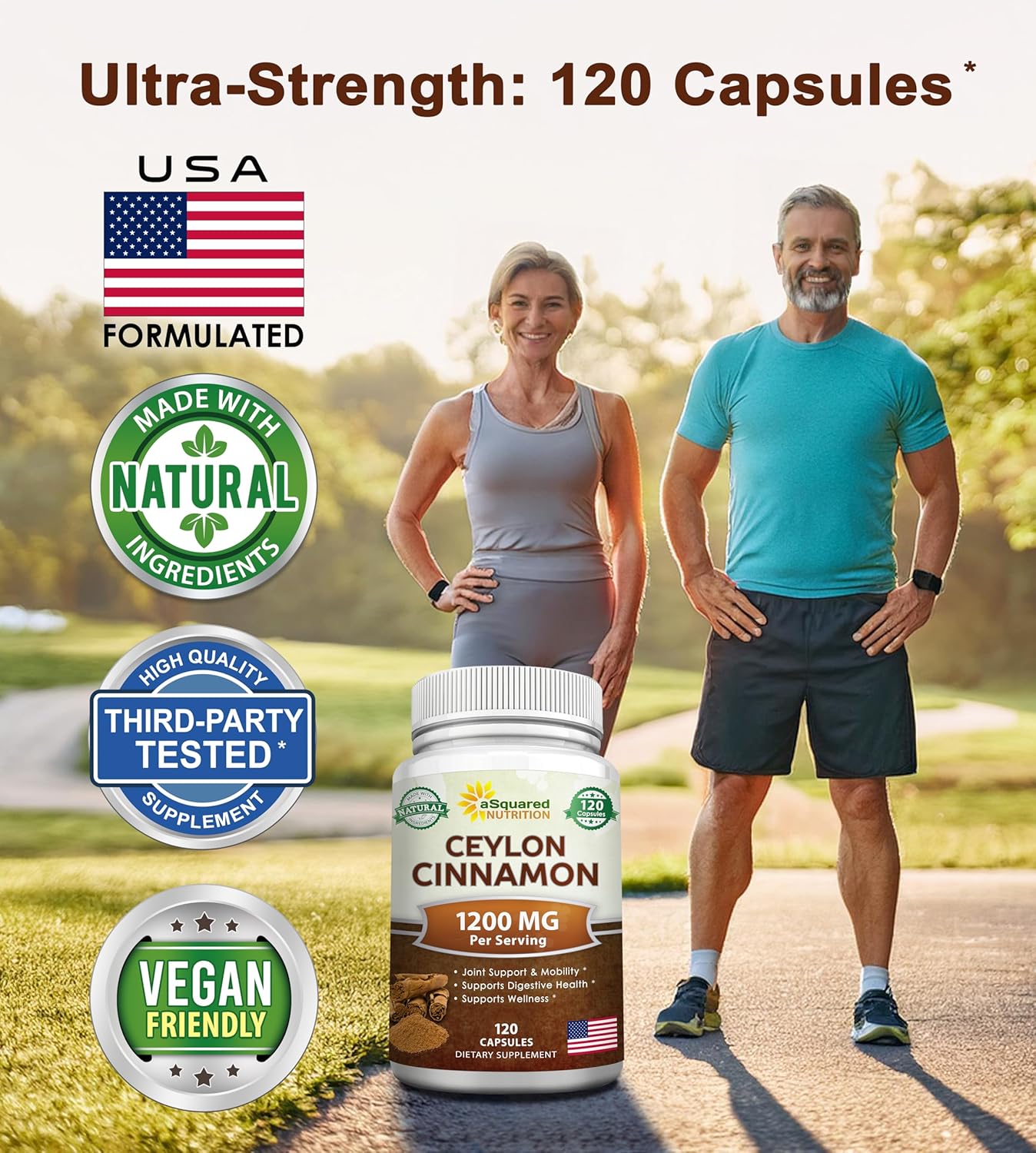 120 Capsules of aSquared Nutrition Natural Ceylon Cinnamon 1200mg Extract Pills for Heart Health, True Cinnamon from Sri Lanka