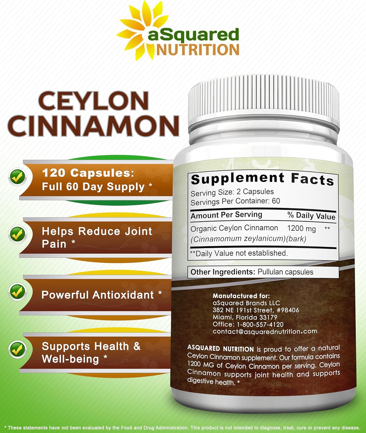 120 Capsules of aSquared Nutrition Natural Ceylon Cinnamon 1200mg Extract Pills for Heart Health, True Cinnamon from Sri Lanka