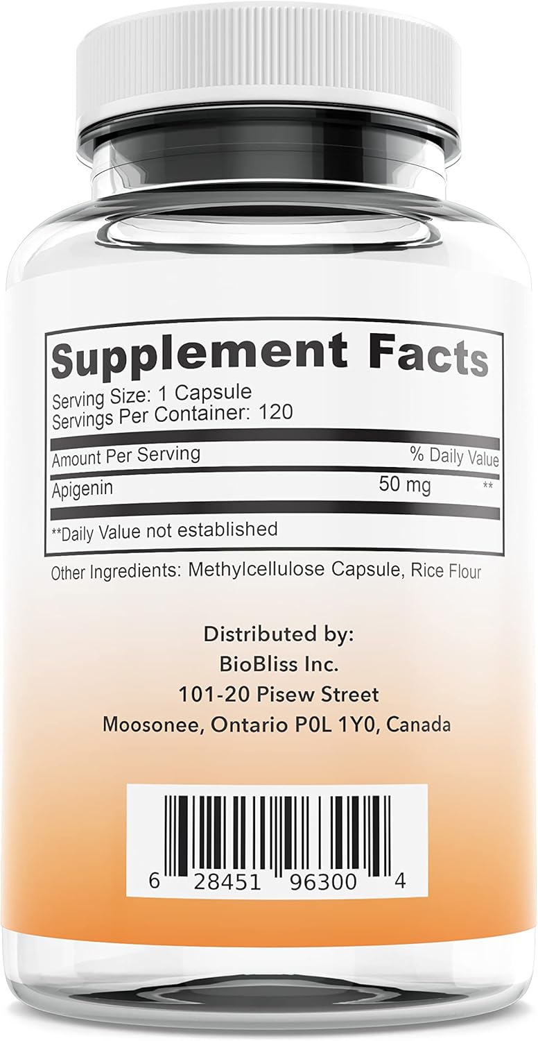 120 Capsules of BIOBLISS INC. Apigenin Supplement for Prostate Health & Relaxation - 50mg, 4 Month Supply - Non-GMO, Gluten Free, Vegan - Antioxidant & Bioflavonoid Sleep Aid