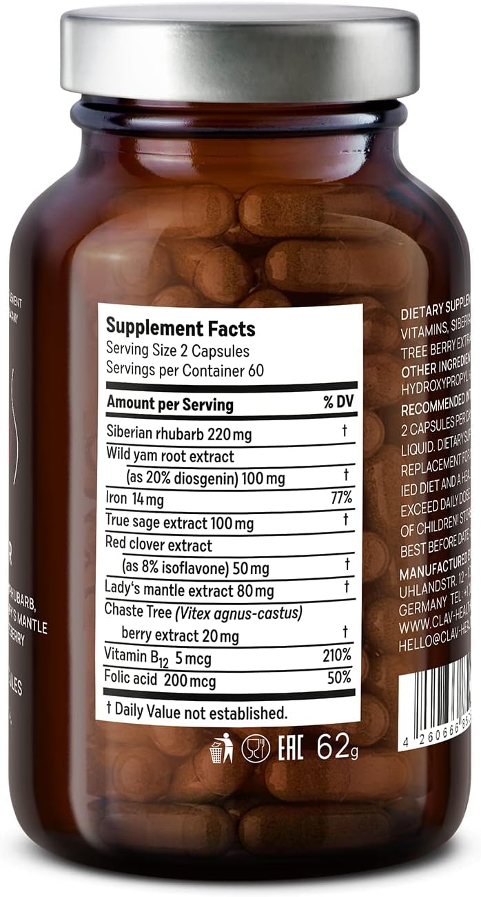 120 Capsules of CLAV® Vegan Menstrual Regulator Supplement for Women - PMS Relief with Siberian Rhubarb, Wild Yam, and Vitex Berry - Natural Hormone Balance Formula