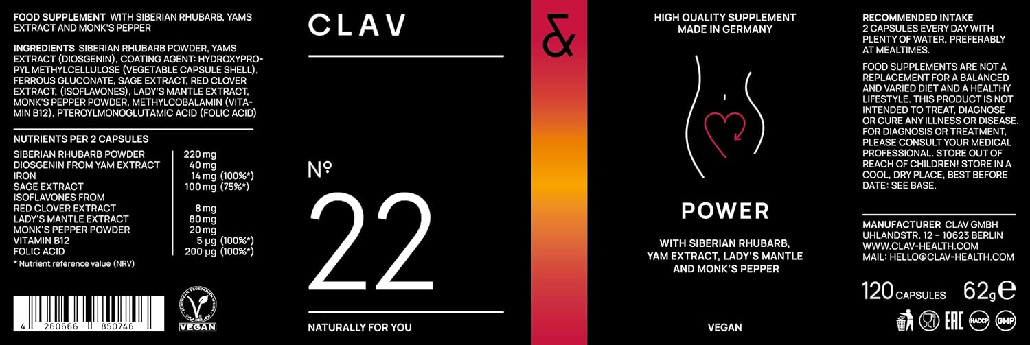 120 Capsules of CLAV® Vegan Menstrual Regulator Supplement for Women - PMS Relief with Siberian Rhubarb, Wild Yam, and Vitex Berry - Natural Hormone Balance Formula