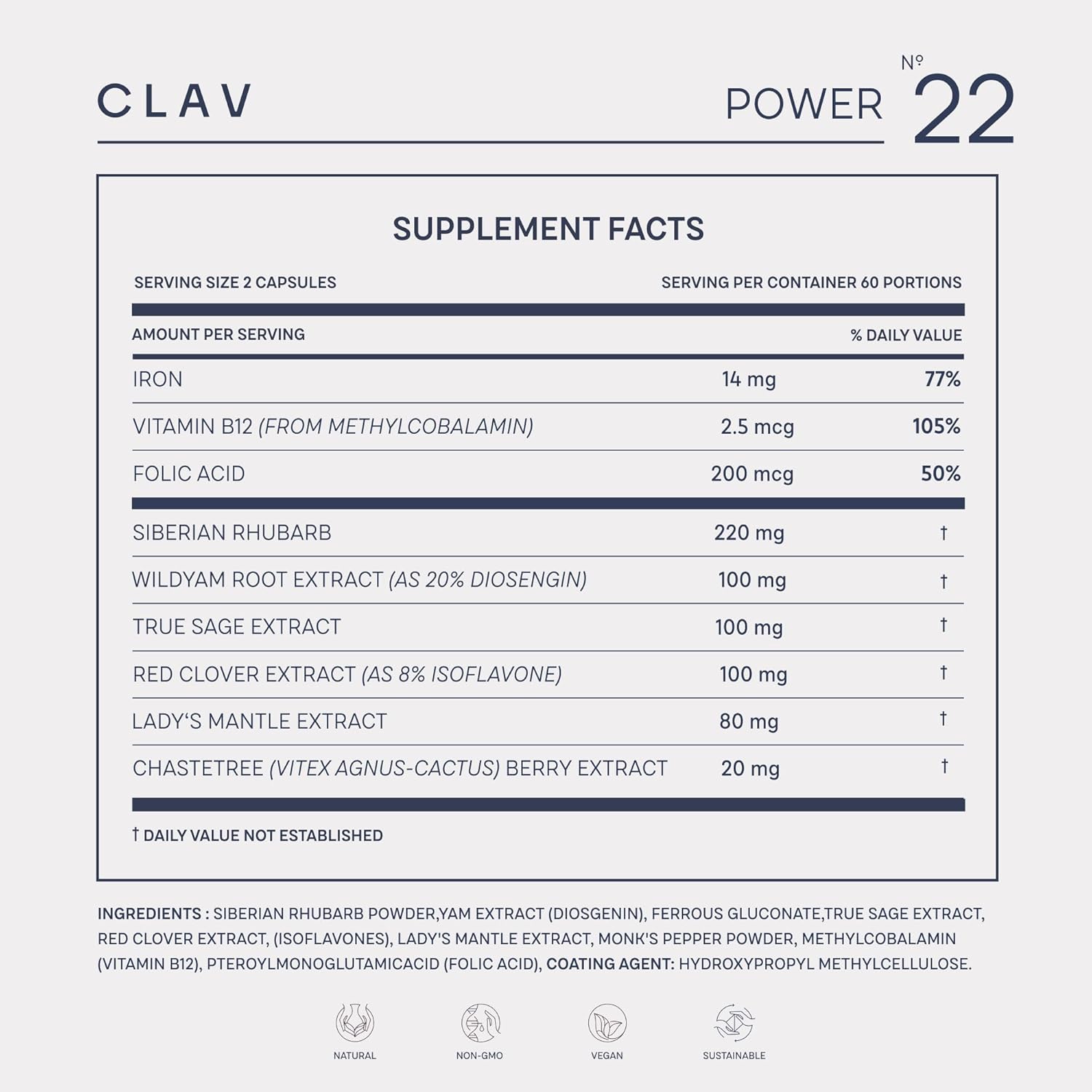 120 Capsules of CLAV® Vegan Menstrual Regulator Supplement for Women - PMS Relief with Siberian Rhubarb, Wild Yam, and Vitex Berry - Natural Hormone Balance Formula