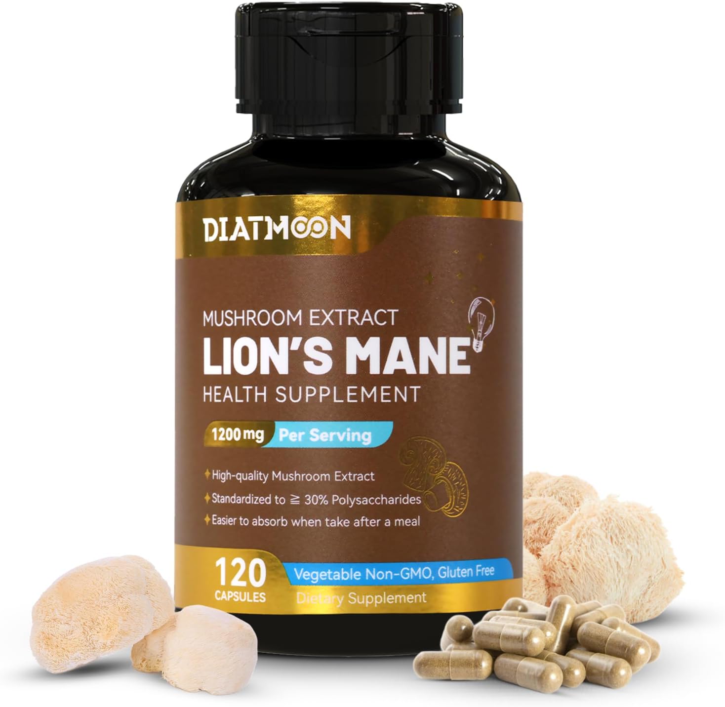 120 Capsules of DIATMOON Lion's Mane Mushroom Supplement for Brain and Immune Support
