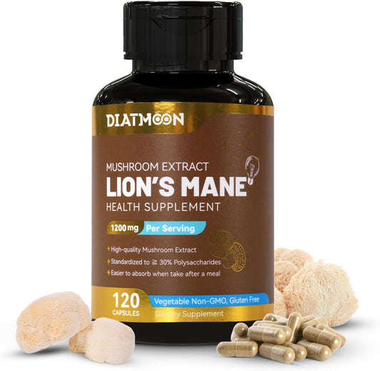 120 Capsules of DIATMOON Lion's Mane Mushroom Supplement for Brain and Immune Support
