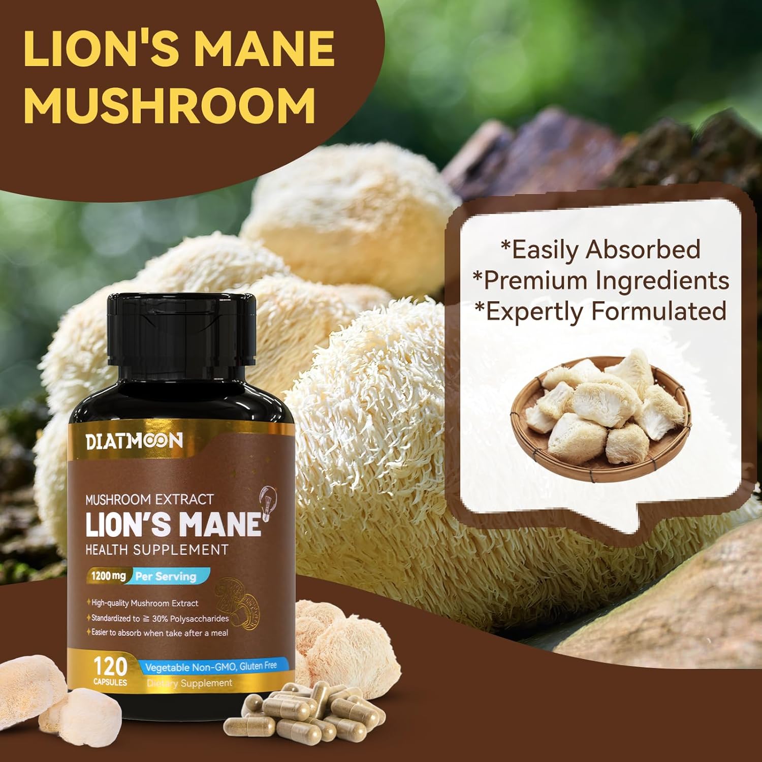 120 Capsules of DIATMOON Lion's Mane Mushroom Supplement for Brain and Immune Support