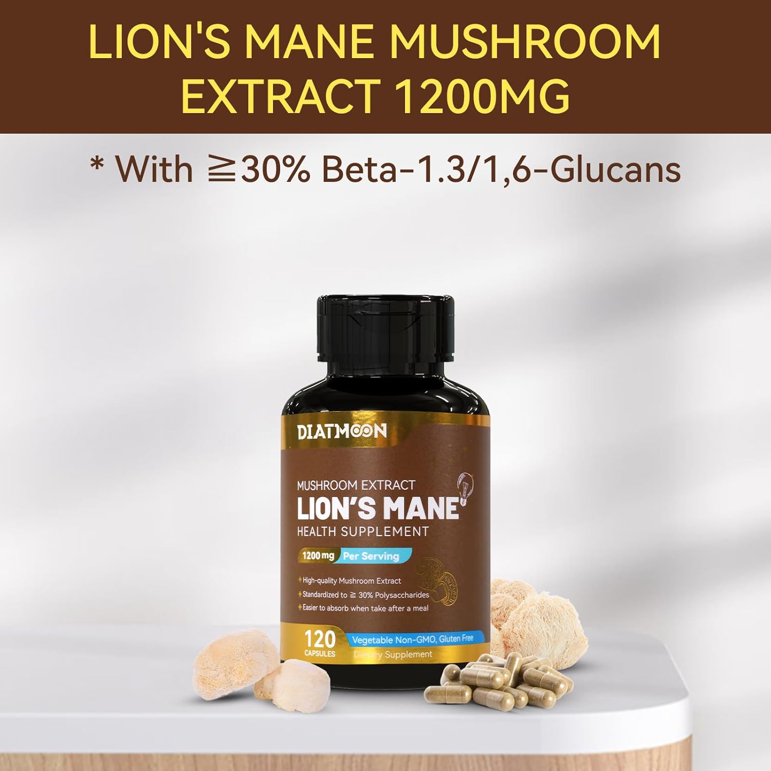 120 Capsules of DIATMOON Lion's Mane Mushroom Supplement for Brain and Immune Support