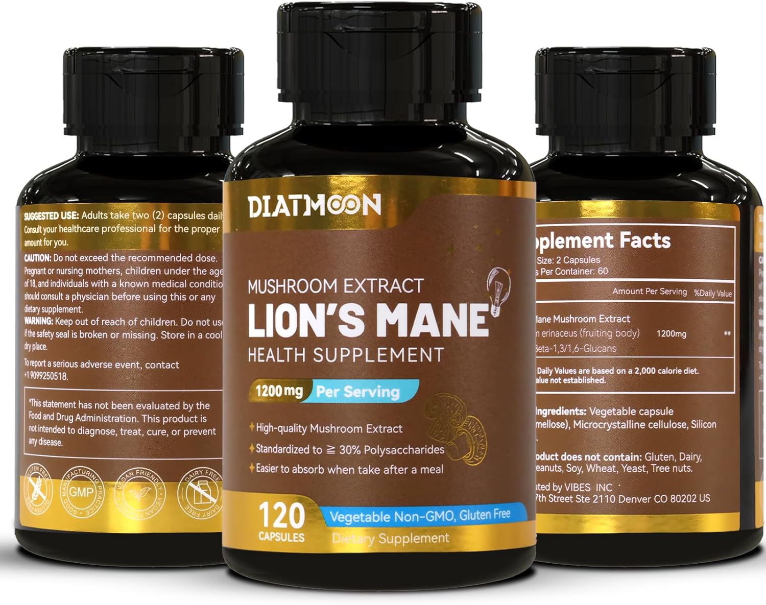 120 Capsules of DIATMOON Lion's Mane Mushroom Supplement for Brain and Immune Support