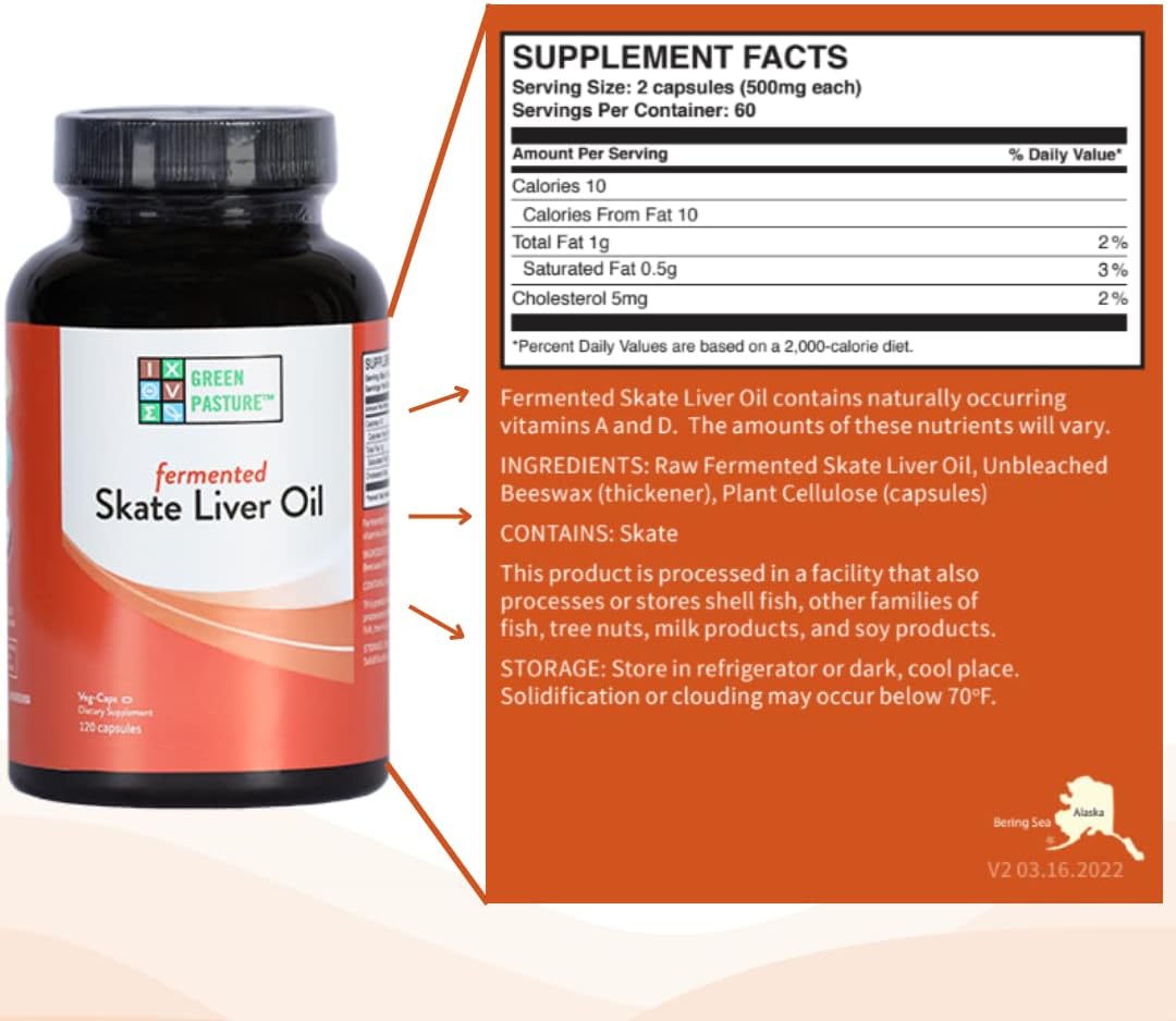 120 Capsules of Green Pasture Fermented Skate Liver Oil for Nutritional Support