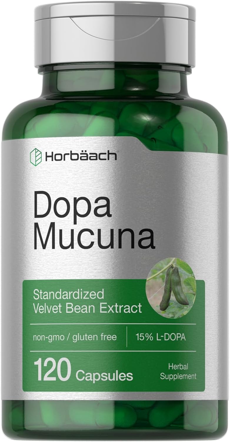 120 Capsules of Horbäach Dopa Mucuna with 15% L-Dopa - Velvet Bean Extract Herbal Supplement, Non-GMO & Gluten Free