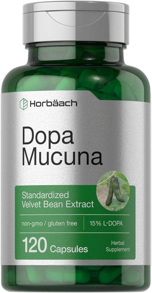 120 Capsules of Horbäach Dopa Mucuna with 15% L-Dopa - Velvet Bean Extract Herbal Supplement, Non-GMO & Gluten Free