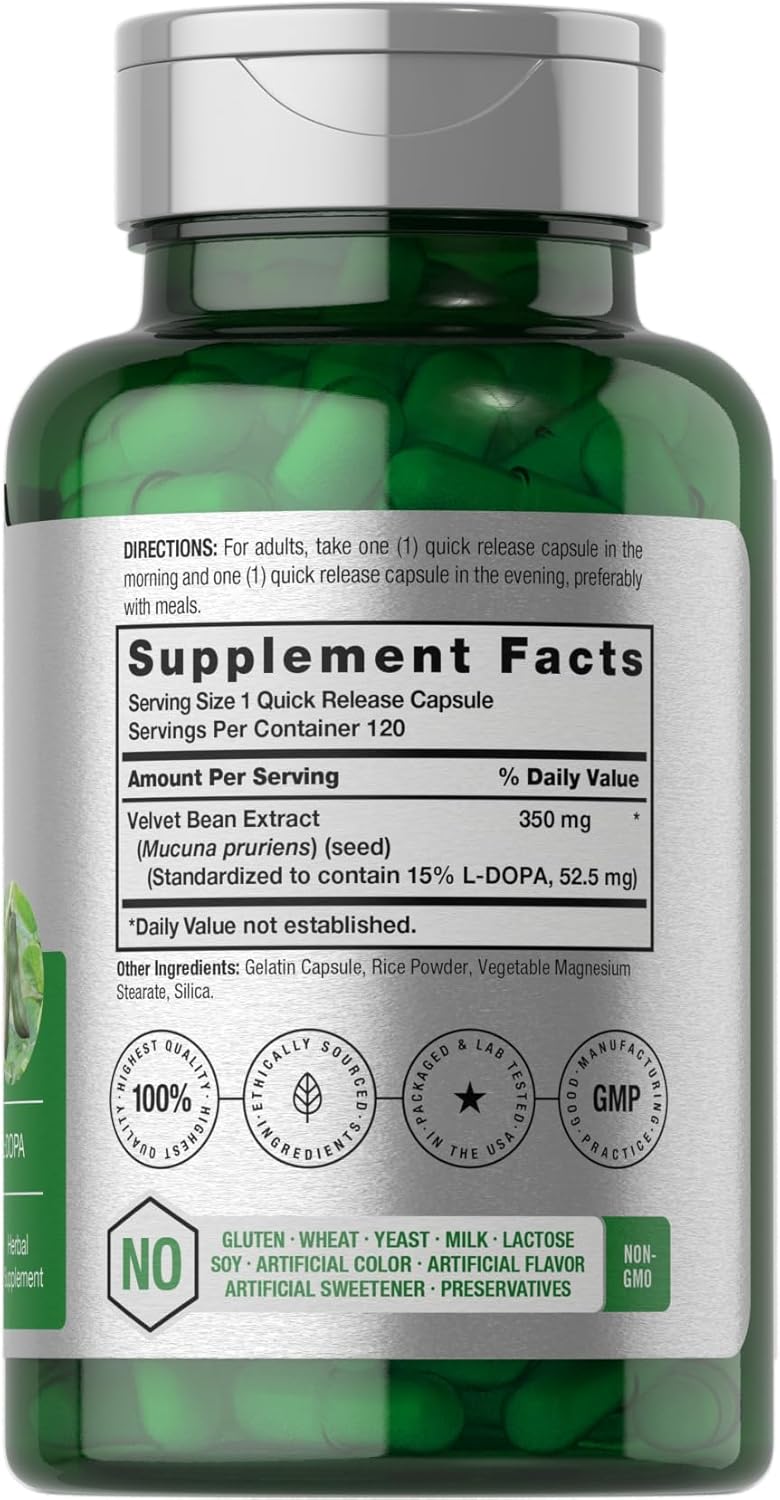 120 Capsules of Horbäach Dopa Mucuna with 15% L-Dopa - Velvet Bean Extract Herbal Supplement, Non-GMO & Gluten Free