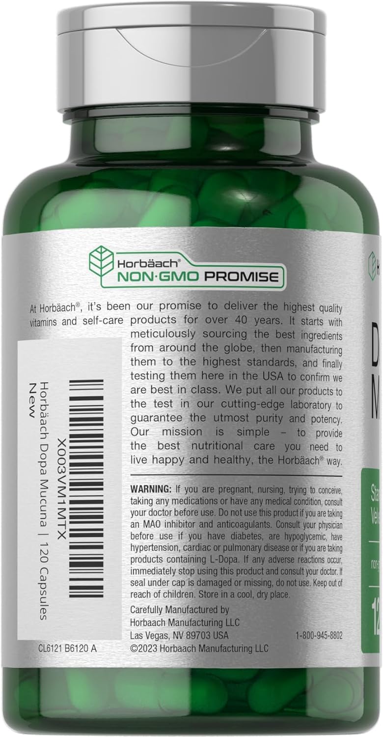 120 Capsules of Horbäach Dopa Mucuna with 15% L-Dopa - Velvet Bean Extract Herbal Supplement, Non-GMO & Gluten Free