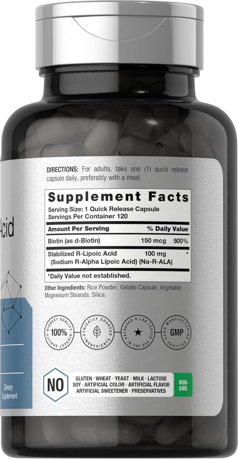 120 Capsules of Horbäach R-Lipoic Acid 100 mg with Biotin Optimizer - Non-GMO and Gluten Free