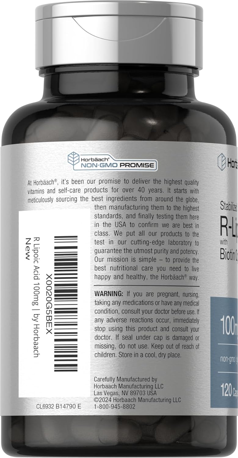 120 Capsules of Horbäach R-Lipoic Acid 100 mg with Biotin Optimizer - Non-GMO and Gluten Free