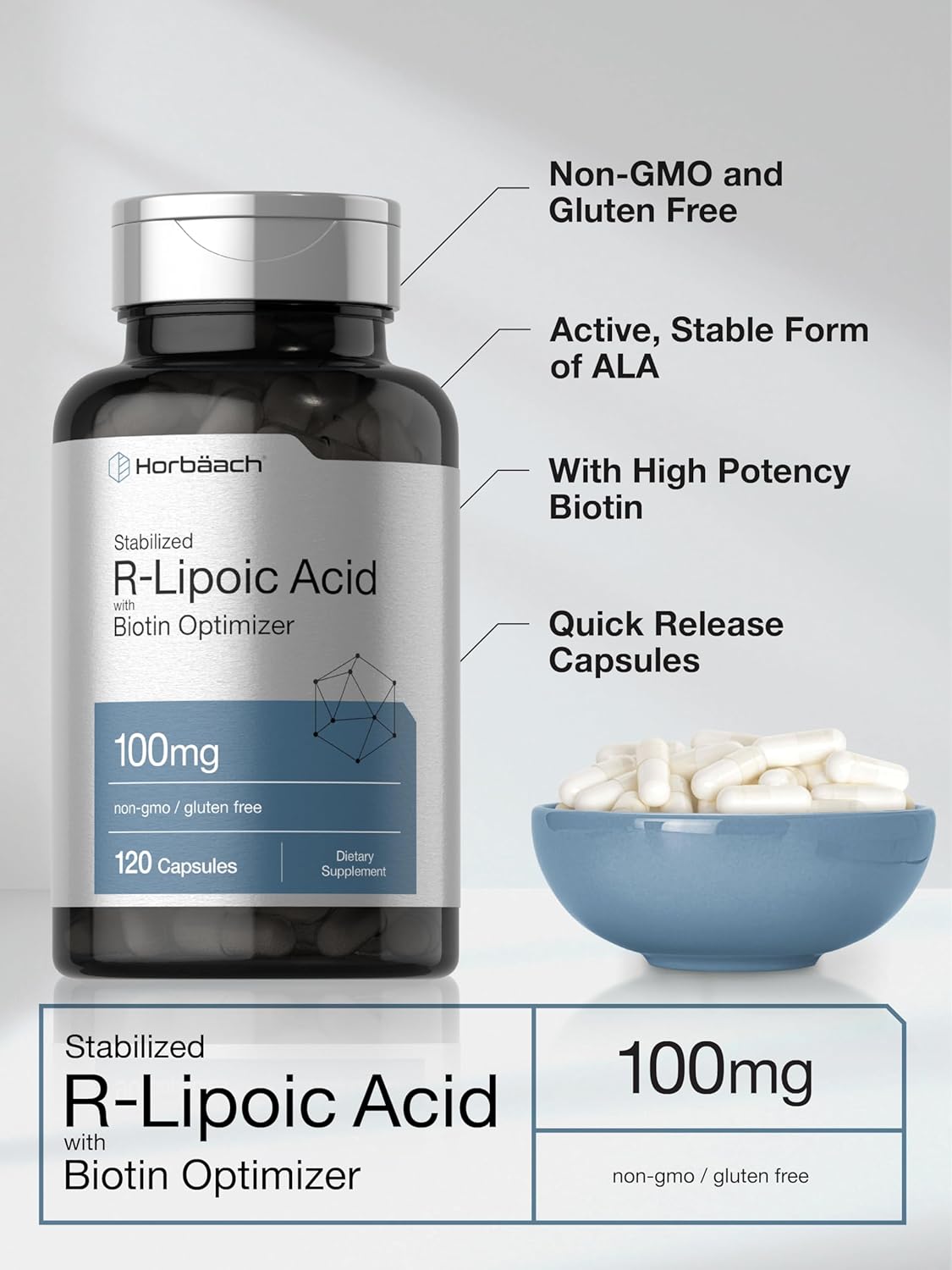 120 Capsules of Horbäach R-Lipoic Acid 100 mg with Biotin Optimizer - Non-GMO and Gluten Free