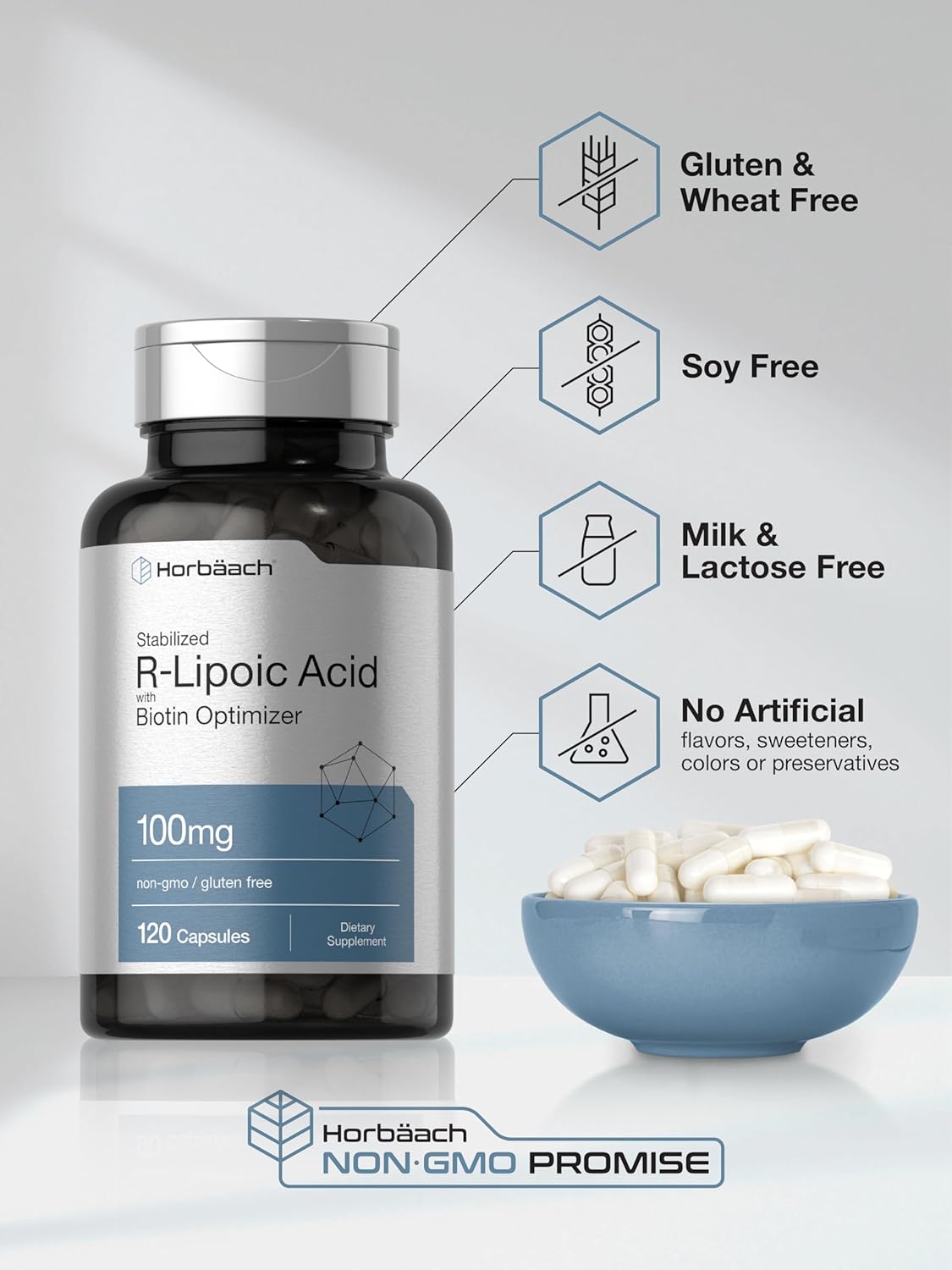 120 Capsules of Horbäach R-Lipoic Acid 100 mg with Biotin Optimizer - Non-GMO and Gluten Free