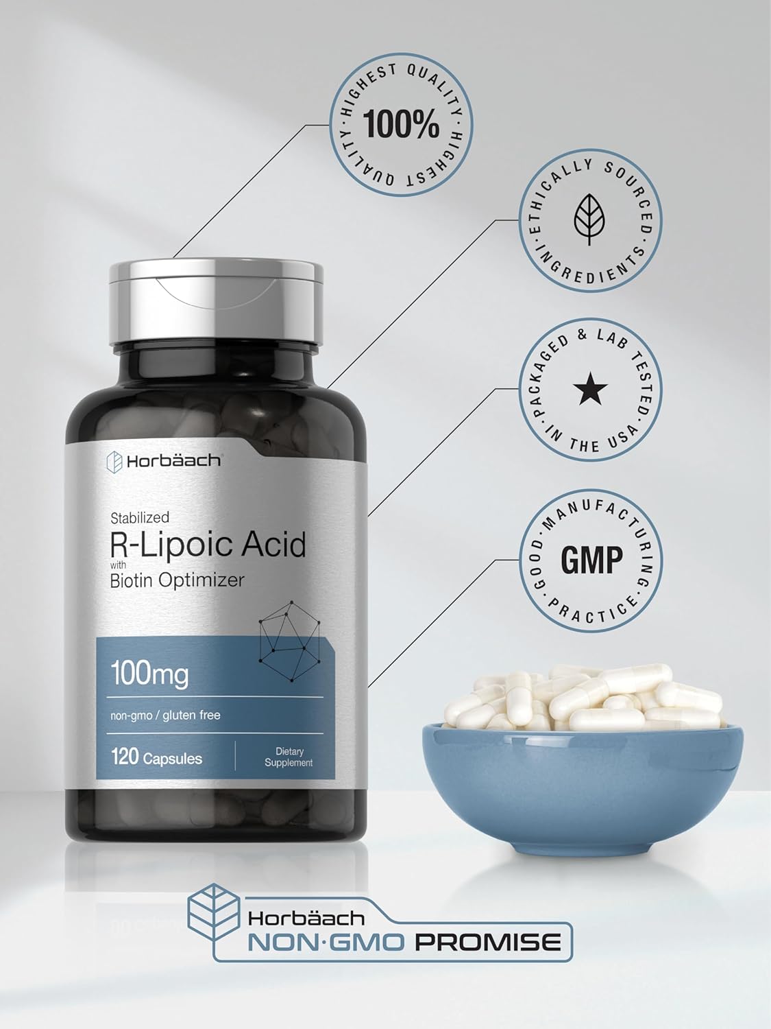 120 Capsules of Horbäach R-Lipoic Acid 100 mg with Biotin Optimizer - Non-GMO and Gluten Free