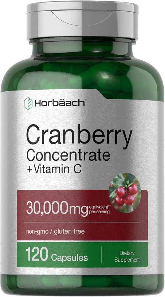 120 Capsules of Horbäach Triple Strength Cranberry Concentrate Extract Pills with 30,000mg and Vitamin C - Non-GMO & Gluten Free