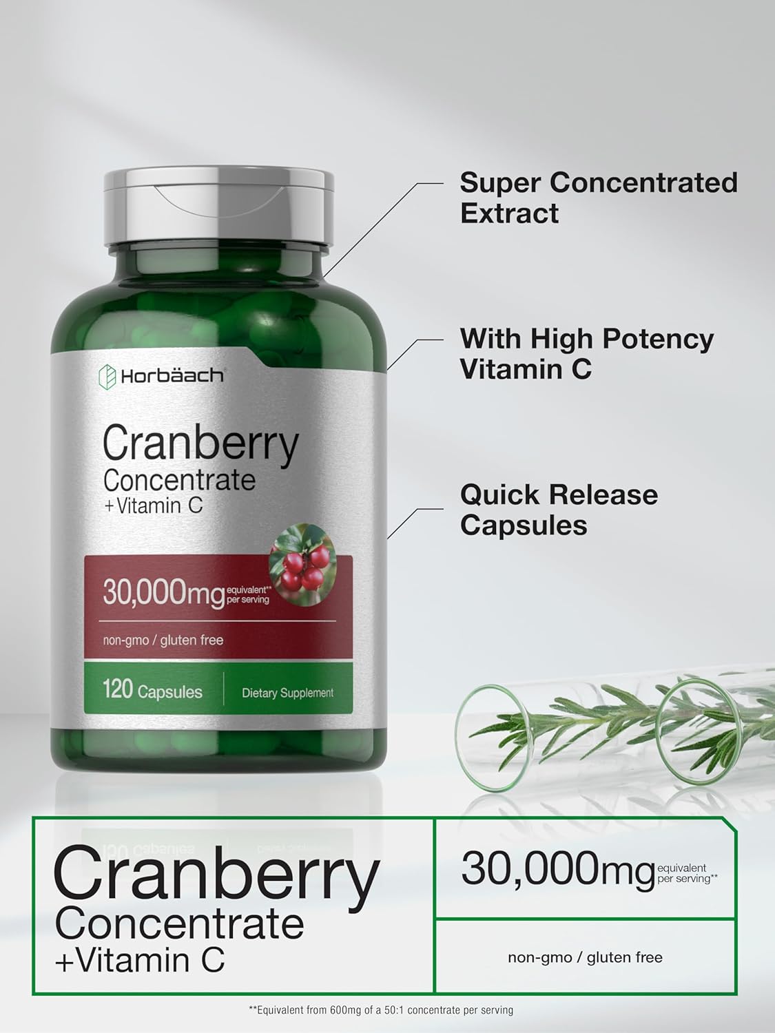 120 Capsules of Horbäach Triple Strength Cranberry Concentrate Extract Pills with 30,000mg and Vitamin C - Non-GMO & Gluten Free