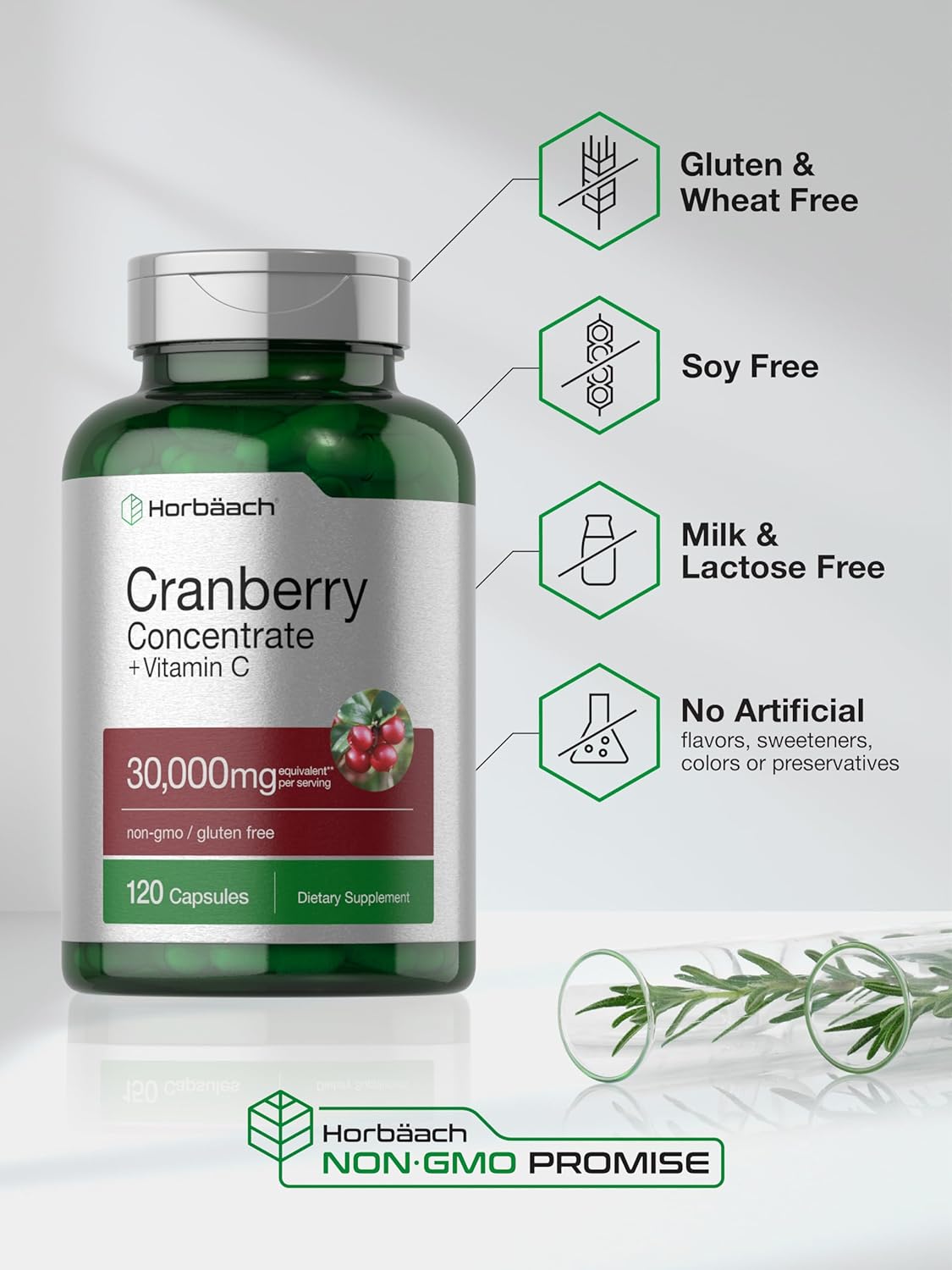 120 Capsules of Horbäach Triple Strength Cranberry Concentrate Extract Pills with 30,000mg and Vitamin C - Non-GMO & Gluten Free