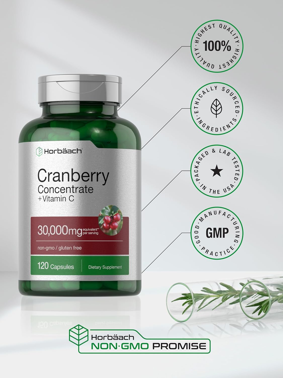 120 Capsules of Horbäach Triple Strength Cranberry Concentrate Extract Pills with 30,000mg and Vitamin C - Non-GMO & Gluten Free