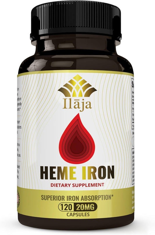 120 Capsules of ILAJA Heme Iron Supplement for Women & Men - 20mg High Absorption, Clean Ingredients - 111% Iron DV - 2-4 Month Supply