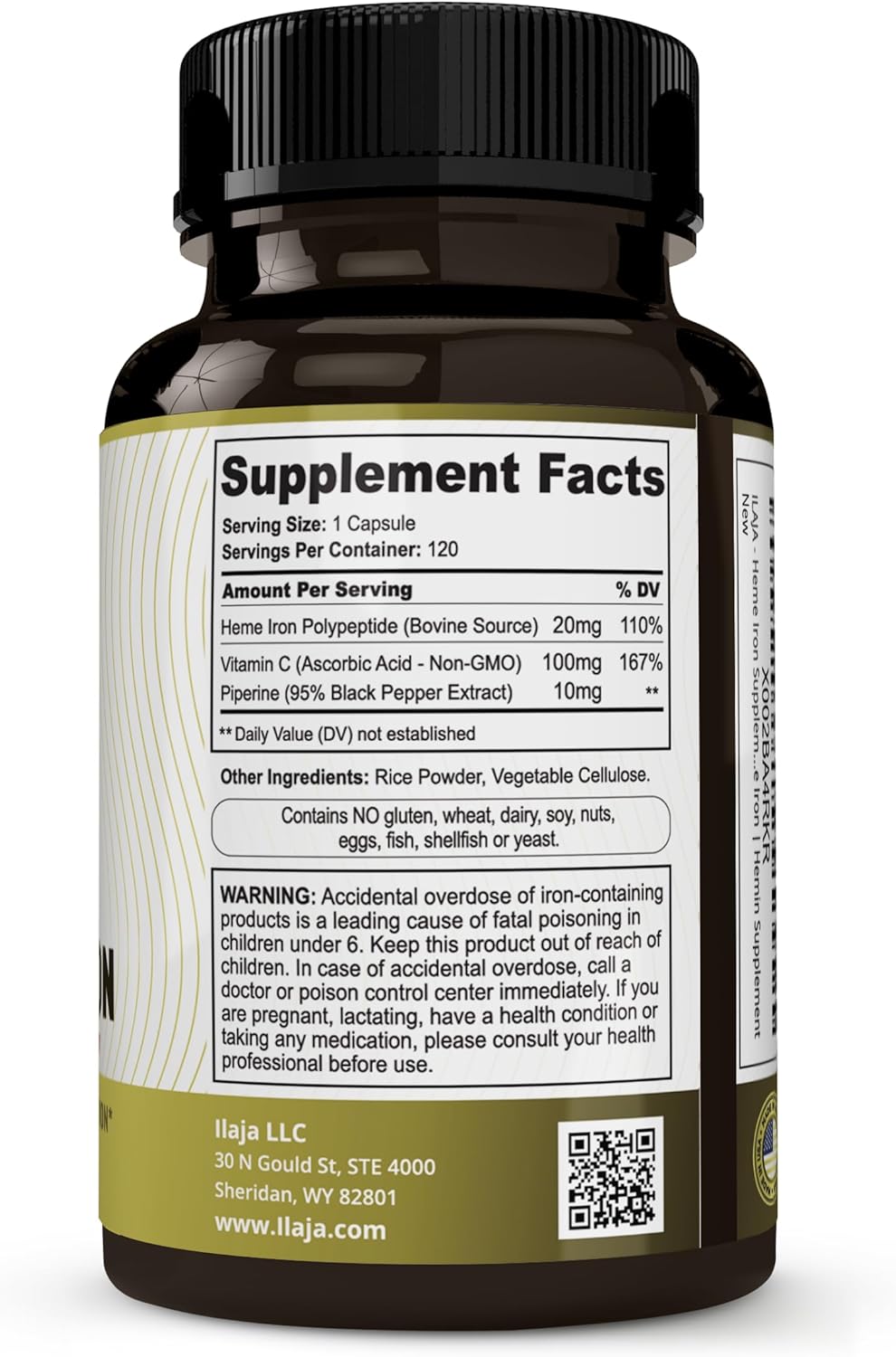 120 Capsules of ILAJA Heme Iron Supplement for Women & Men - 20mg High Absorption, Clean Ingredients - 111% Iron DV - 2-4 Month Supply