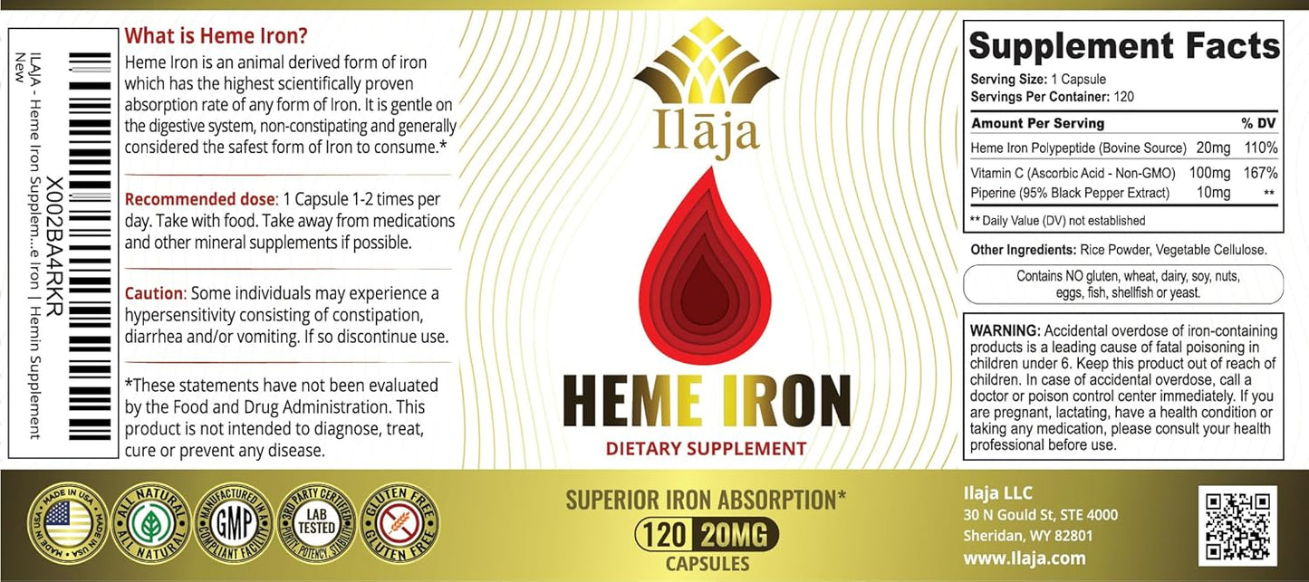 120 Capsules of ILAJA Heme Iron Supplement for Women & Men - 20mg High Absorption, Clean Ingredients - 111% Iron DV - 2-4 Month Supply