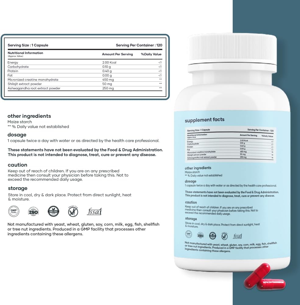 120 Capsules of Mars Micronized Creatine Monohydrate with Shilajit & Surgemax for Overall Well-Being - Pure & Natural Formula