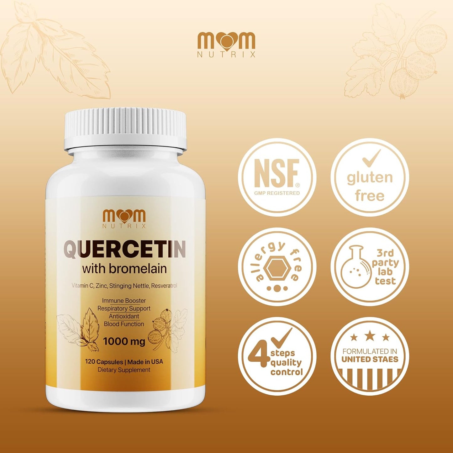 120 Capsules of MOM NUTRIX Advanced Quercetin with Bromelain, Elderberry, Nettle, Resveratrol, Zinc, Vitamin C & D
